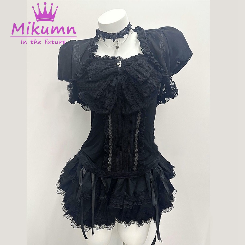 Cami Top Lace - Mikumn ゴシックロリータブラックレース 3 点セット女性パフスリーブカーディガン + リボンキャミトップ