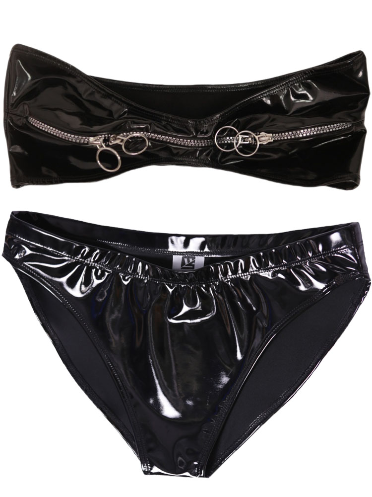 Thong Bikini Women - ウェットルックPVC素材ジッパービスチェクロップトップス光沢PUレザーキャミソールチューブトップビキニセットハイウエストショーツブリーフタンガソング