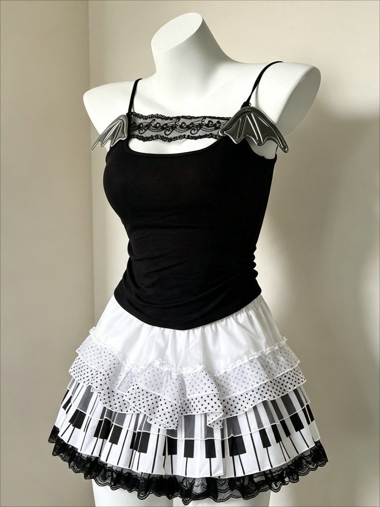 Cami Top Lace - レトロ 2000 年代原宿ツーピースセット女性レースノースリーブキャミトップスピアノプリントティアードフリルミニスカート夏のカジュアル衣装