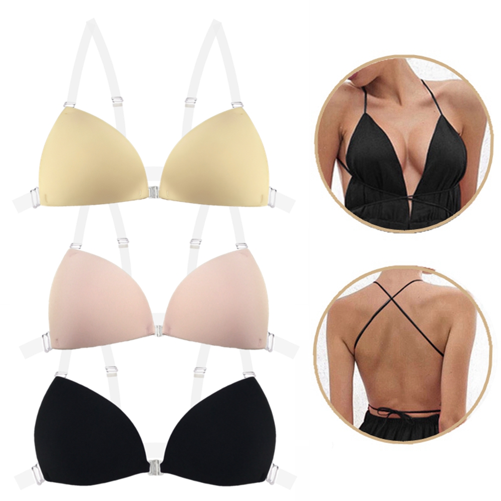 Nipple Cover Pasties - 女性用粘着ブラ、背中開きウェディングドレス用シリコン製プランジディープUネック粘着ブラ、バストアップ見えない下着、乳首カバー