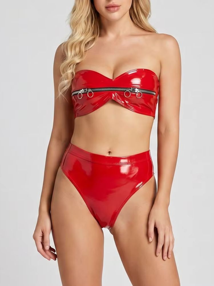 ウェットルックPVC素材ジッパービスチェクロップトップス光沢 - Thong Bikini Women のレビューと価格