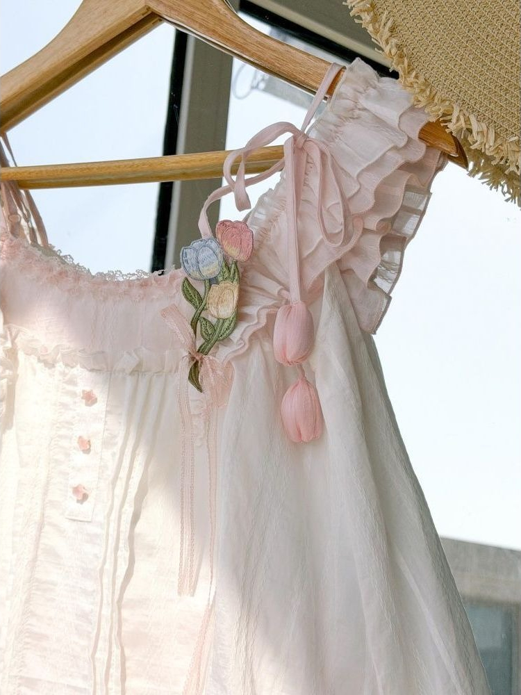 甘いかわいいフリルトリムチューリップ装飾ツーピースセット女性 - Cami Top Lace のレビューと価格